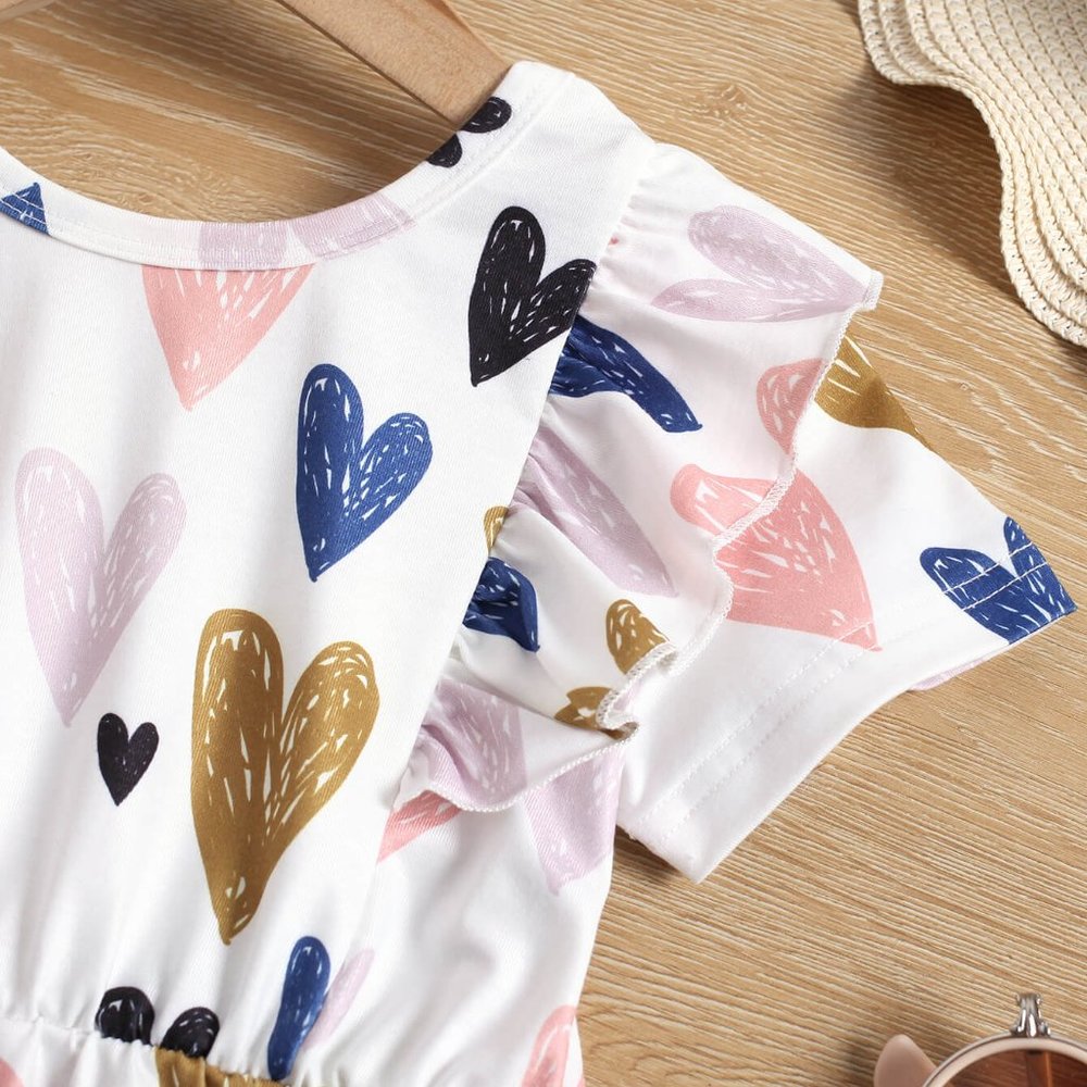 Girls Heart Print Ruffle Shoulder Dress - Picture 3 of 6